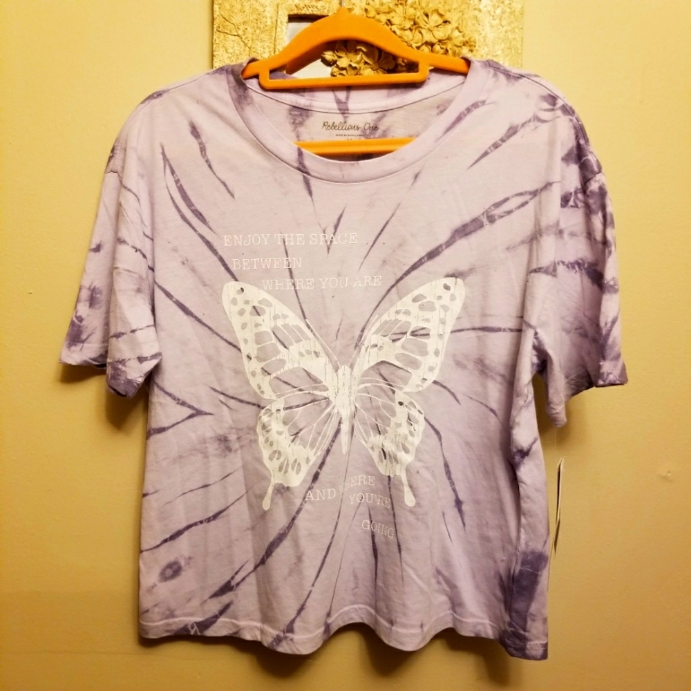 NWT Rebellious One Tie Dye Purple Butterfly Graphic Tee Crop Top Shirt Girls M